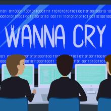 Ilustración de 3 personas frente a pantalla grande en la que está escrito las palabras Wanna Cry - Respuestas a Ransomware